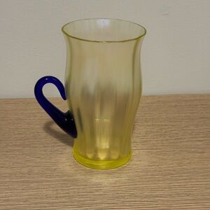 Fenton Topaz Vaseline Stretched Glass Mug with Cobalt Blue Handle